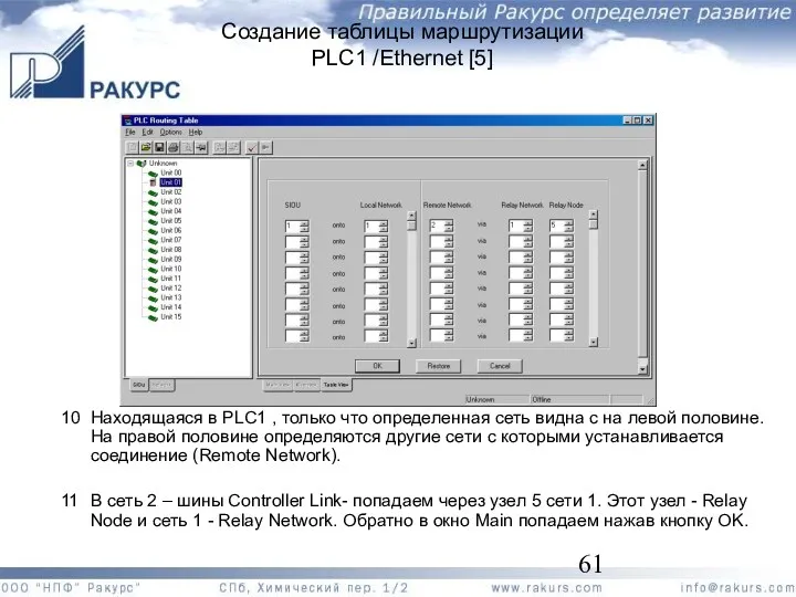 Создание таблицы маршрутизации PLC1 /Ethernet [5] 10 Находящаяся в PLC1