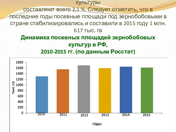 В структуре производства зерна в РФ зернобобовые культуры составляют всего 2,1 %. Следует