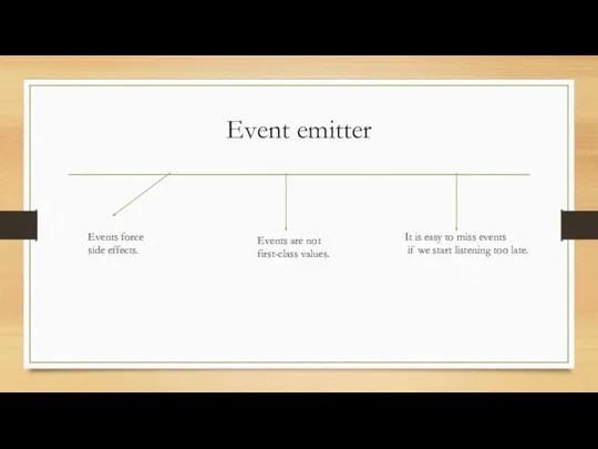 Event emitter Events force side effects. Events are not first-class values. It is