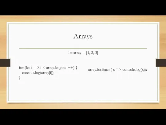 Arrays let array = [1, 2, 3] for (let i = 0; i