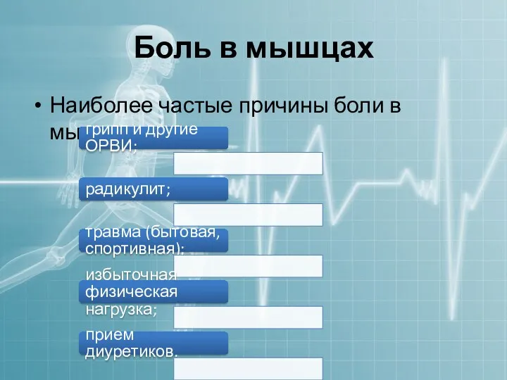 Боль в мышцах Наиболее частые причины боли в мышцах: грипп