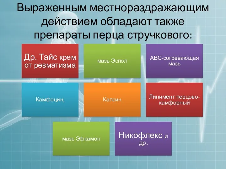 Выраженным местнораздражающим действием обладают также препараты перца стручкового: Др. Тайс