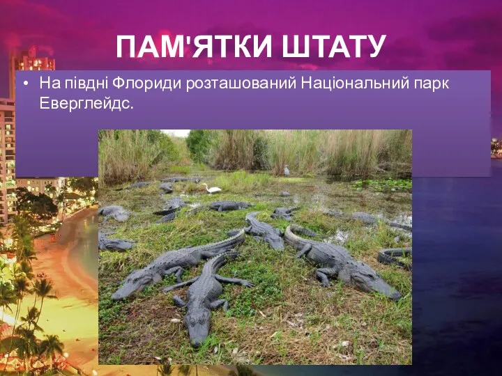 ПАМ'ЯТКИ ШТАТУ На півдні Флориди розташований Національний парк Еверглейдс.