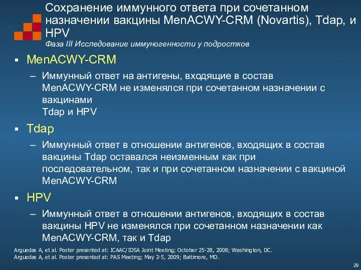 Сохранение иммунного ответа при сочетанном назначении вакцины MenACWY-CRM (Novartis), Tdap,