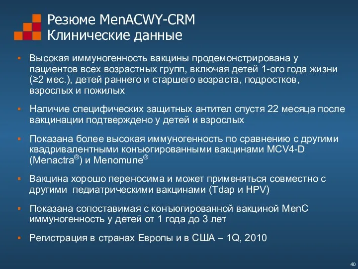 Резюме MenACWY-CRM Клинические данные Высокая иммуногенность вакцины продемонстрирована у пациентов