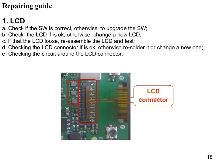 Repairing guide 1. LCD a. Check if the SW is correct, otherwise to