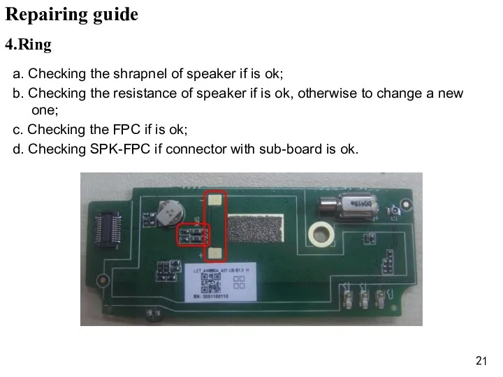 4.Ring a. Checking the shrapnel of speaker if is ok;