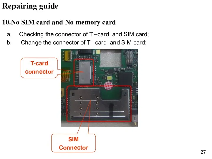 Checking the connector of T –card and SIM card; Change