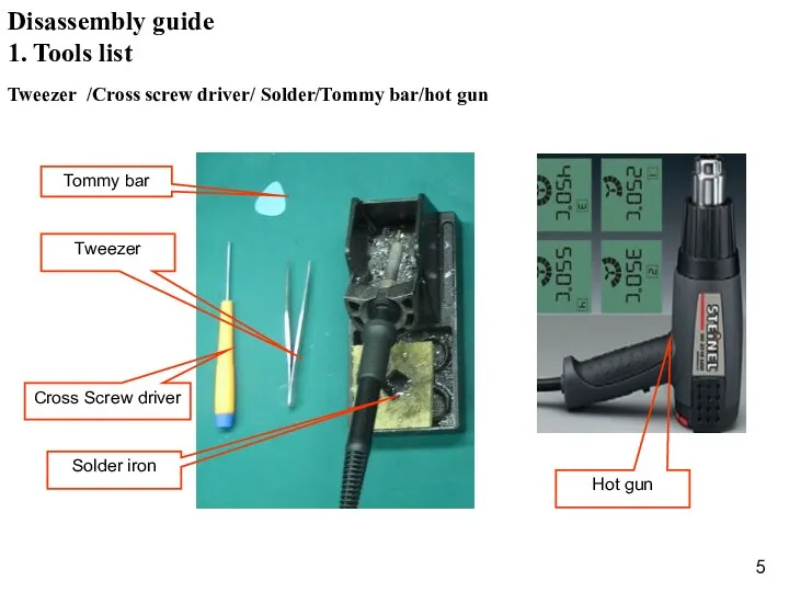 Hot gun 1. Tools list Tweezer /Cross screw driver/ Solder/Tommy bar/hot gun Disassembly guide