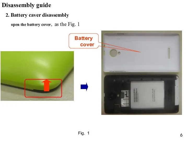 2. Battery caver disassembly open the battery cover，as the Fig. 1 Fig. 1