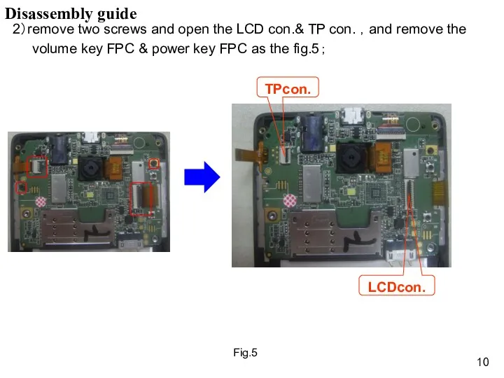2）remove two screws and open the LCD con.& TP con. ，and remove the