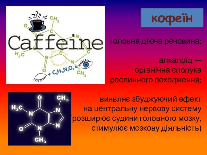 кофеїн головна діюча речовина; алкалоїд — органічна сполука рослинного походження; виявляє збуджуючий ефект