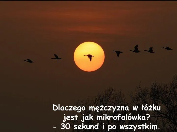 Dlaczego mężczyzna w łóżku jest jak mikrofalówka? - 30 sekund i po wszystkim.