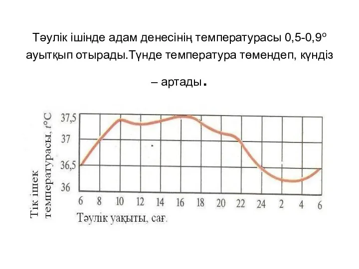 Тәулік ішінде адам денесінің температурасы 0,5-0,9о ауытқып отырады.Түнде температура төмендеп, күндіз – артады.