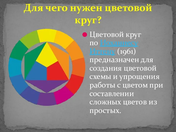 Цветовой круг по Иоханнесу Иттену (1961) предназначен для создания цветовой