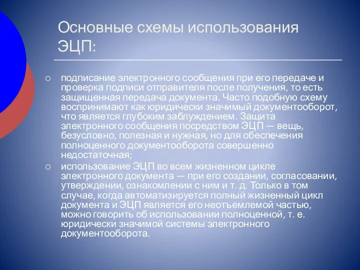 Основные схемы использования ЭЦП: подписание электронного сообщения при его передаче и проверка подписи