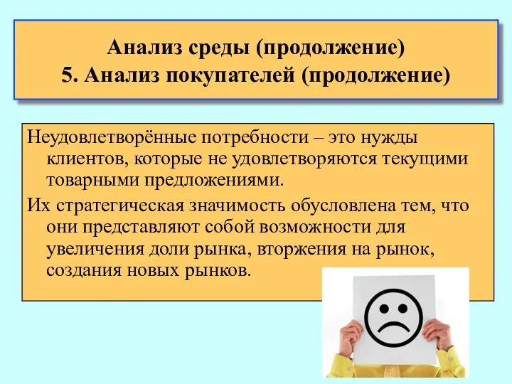 Анализ среды (продолжение) 5. Анализ покупателей (продолжение) Неудовлетворённые потребности –