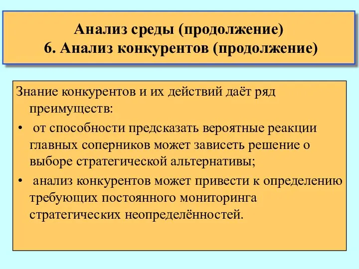 Анализ среды (продолжение) 6. Анализ конкурентов (продолжение) Знание конкурентов и