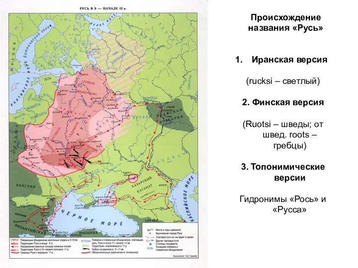 Происхождение названия «Русь» Иранская версия (rucksi – светлый) 2. Финская