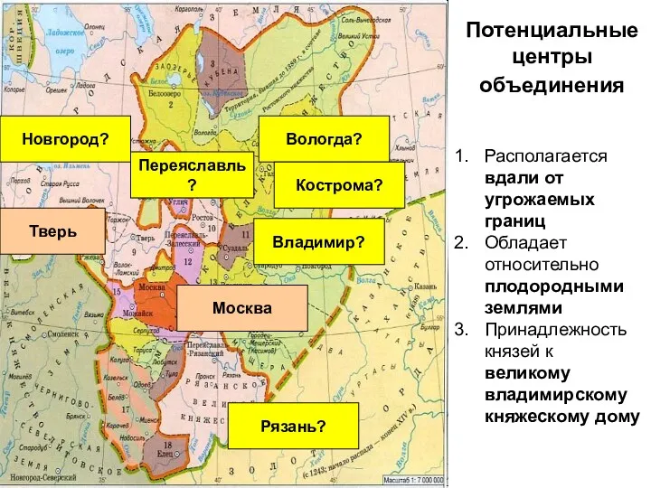 Потенциальные центры объединения Новгород? Рязань? Владимир? Вологда? Кострома? Москва Тверь