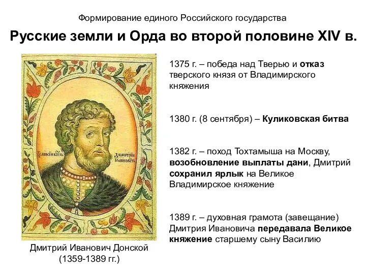 Дмитрий Иванович Донской (1359-1389 гг.) Формирование единого Российского государства Русские