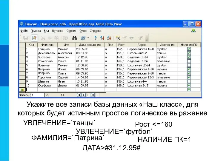 Укажите все записи базы данных «Наш класс», для которых будет