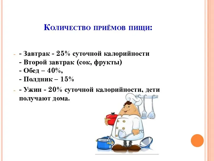 Количество приёмов пищи: - Завтрак - 25% суточной калорийности - Второй завтрак (сок,