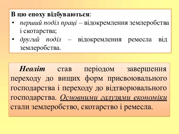 Неоліт став періодом завершення переходу до вищих форм присвоювального господарства