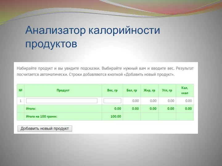 Анализатор калорийности продуктов