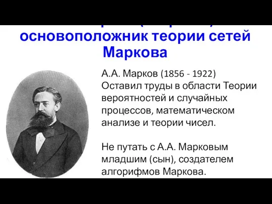 А.А. Марков (старший) – основоположник теории сетей Маркова А.А. Марков (1856 - 1922)