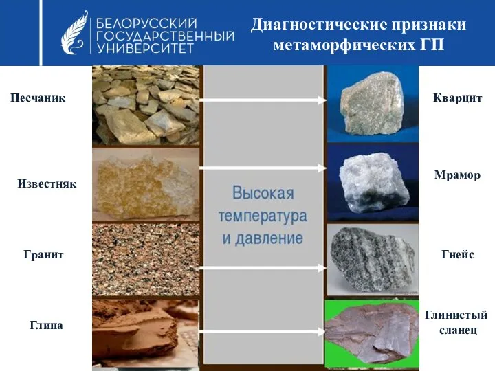 Диагностические признаки метаморфических ГП Песчаник Известняк Гранит Кварцит Мрамор Гнейс Глина Глинистый сланец