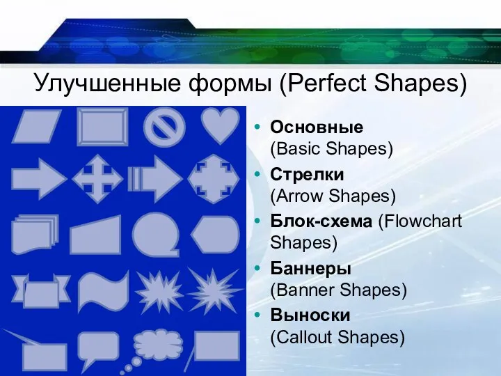 Улучшенные формы (Perfect Shapes) Основные (Basic Shapes) Стрелки (Arrow Shapes)