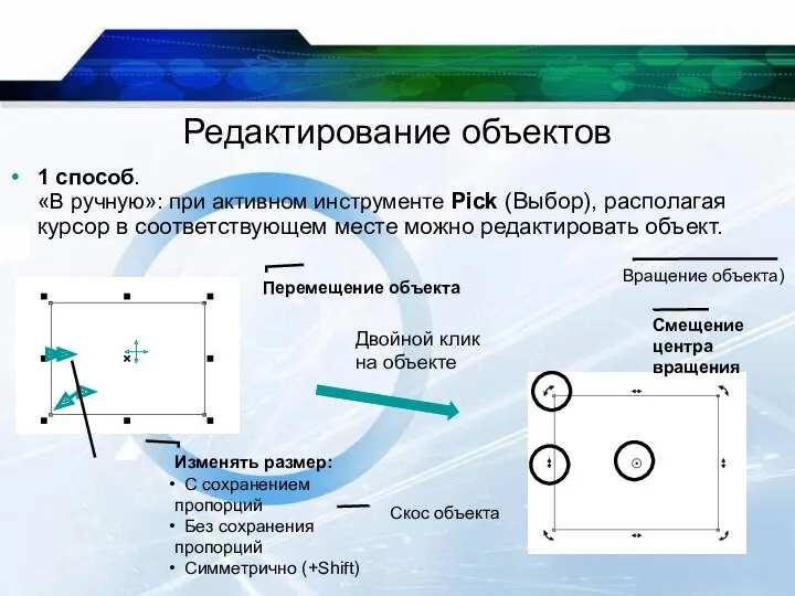 Редактирование объектов 1 способ. «В ручную»: при активном инструменте Pick