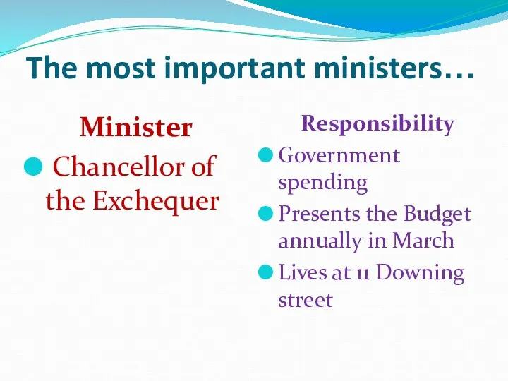 The most important ministers… Minister Chancellor of the Exchequer Responsibility