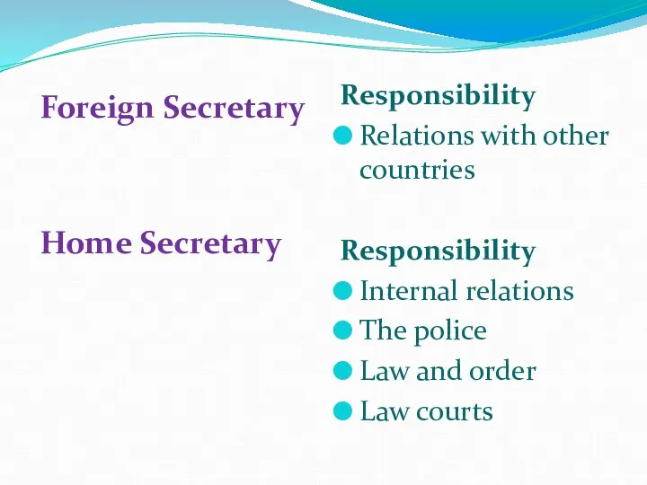 Foreign Secretary Home Secretary Responsibility Relations with other countries Responsibility