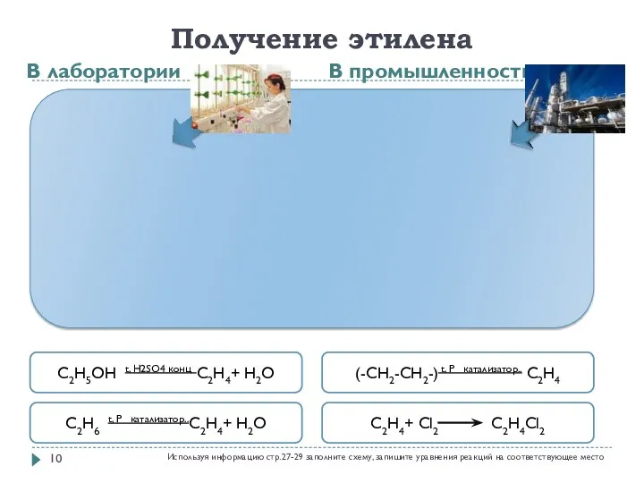 Получение этилена В лаборатории В промышленности C2H5OH t, H2SO4 конц