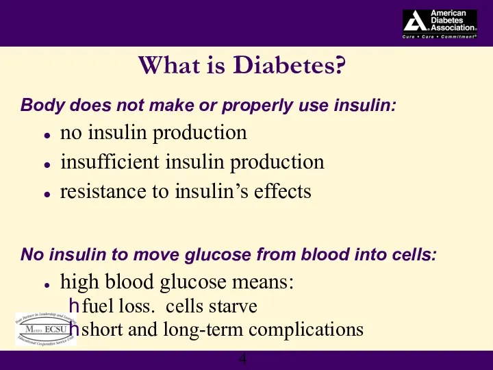 What is Diabetes? Body does not make or properly use