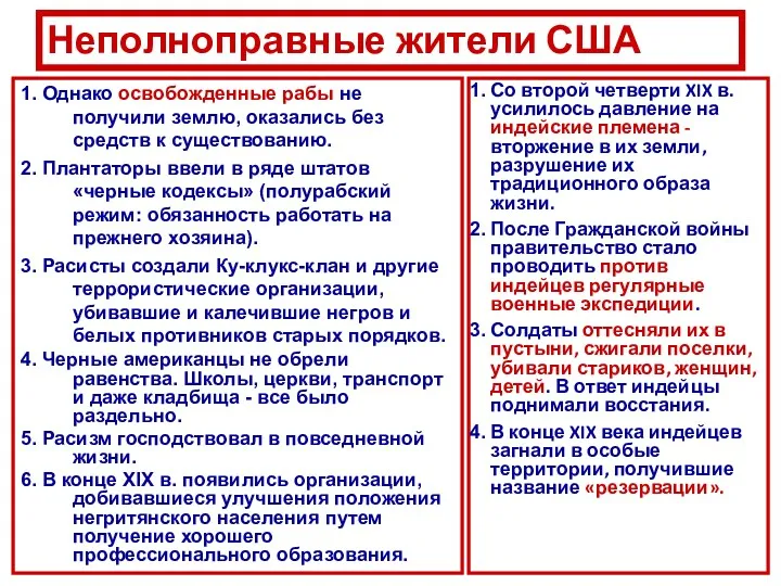 Неполноправные жители США Со второй четверти XIX в. усилилось давление