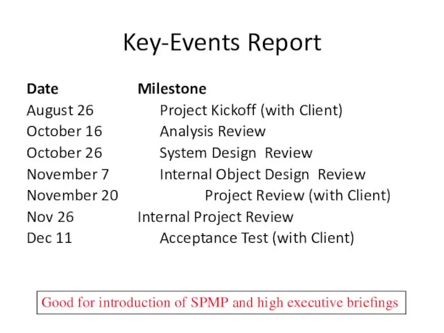Key-Events Report Date Milestone August 26 Project Kickoff (with Client) October 16 Analysis