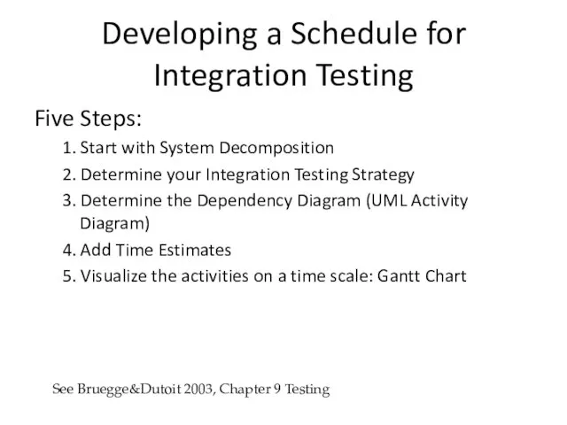 Developing a Schedule for Integration Testing Five Steps: 1. Start with System Decomposition