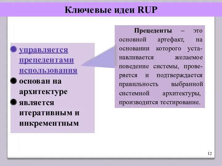 Ключевые идеи RUP управляется прецедентами использования основан на архитектуре является