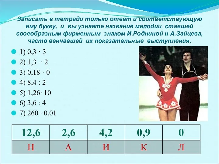 Записать в тетради только ответ и соответствующую ему букву, и