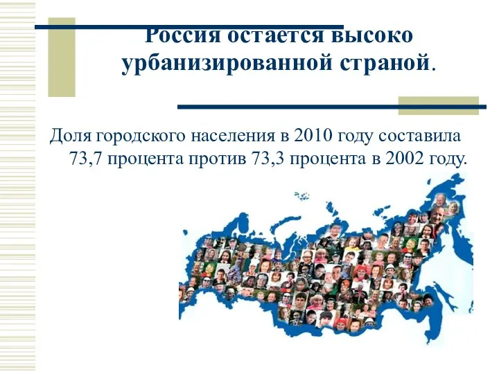 Россия остается высоко урбанизированной страной. Доля городского населения в 2010