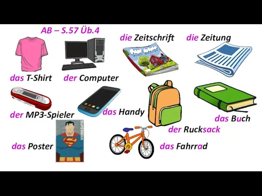 das T-Shirt die Zeitschrift das Buch der MP3-Spieler der Rucksack