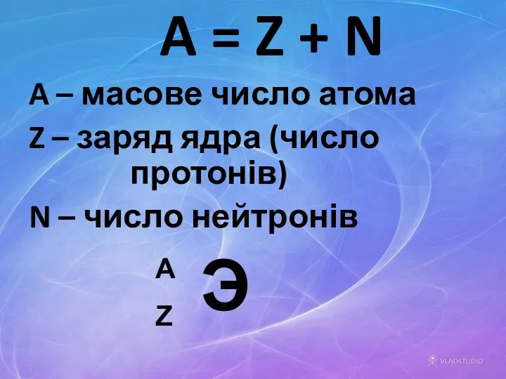 A = Z + N A – масове число атома Z – заряд