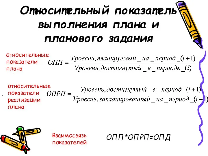 Относительный показатель выполнения плана и планового задания ; . ОПП*ОПРП=ОПД