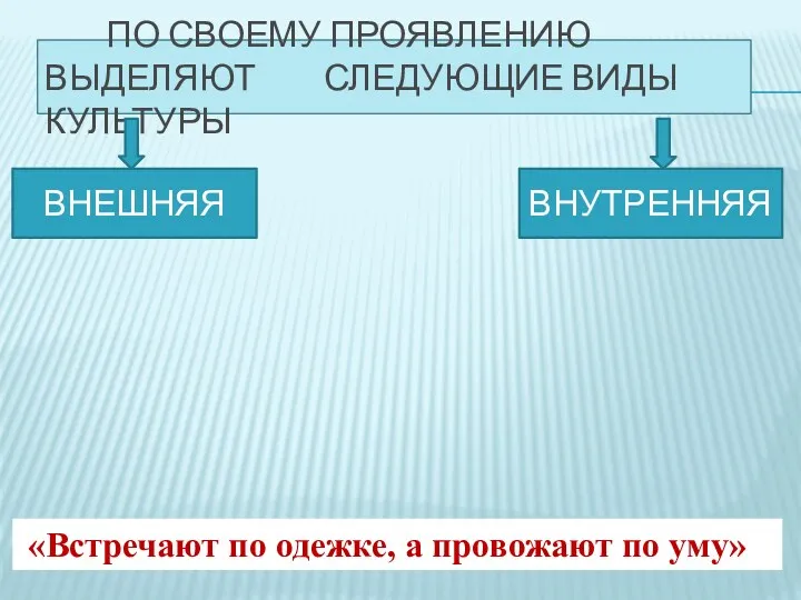 ПО СВОЕМУ ПРОЯВЛЕНИЮ ВЫДЕЛЯЮТ СЛЕДУЮЩИЕ ВИДЫ КУЛЬТУРЫ ВНУТРЕННЯЯ ВНЕШНЯЯ «Встречают по одежке, а провожают по уму»