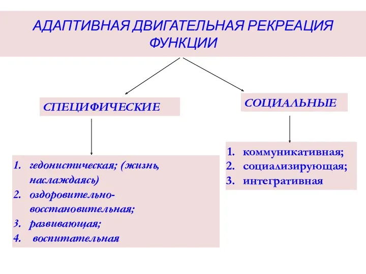 АДАПТИВНАЯ ДВИГАТЕЛЬНАЯ РЕКРЕАЦИЯ ФУНКЦИИ СПЕЦИФИЧЕСКИЕ СОЦИАЛЬНЫЕ гедонистическая; (жизнь, наслаждаясь) оздоровительно-восстановительная; развивающая; воспитательная коммуникативная; социализирующая; интегративная