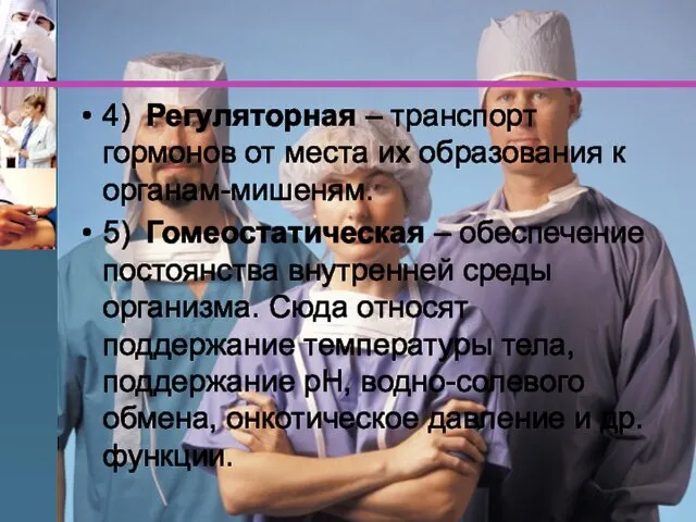 4) Регуляторная – транспорт гормонов от места их образования к органам-мишеням. 5) Гомеостатическая