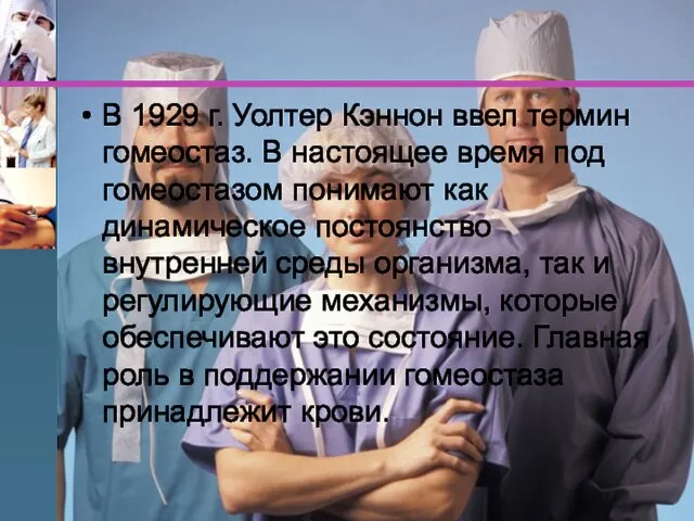 В 1929 г. Уолтер Кэннон ввел термин гомеостаз. В настоящее время под гомеостазом